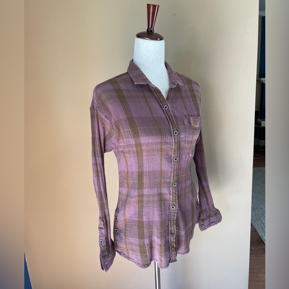 Prana Organic Cotton Button Down Flannel Top Womens Small Purple Brown Boho Soft
